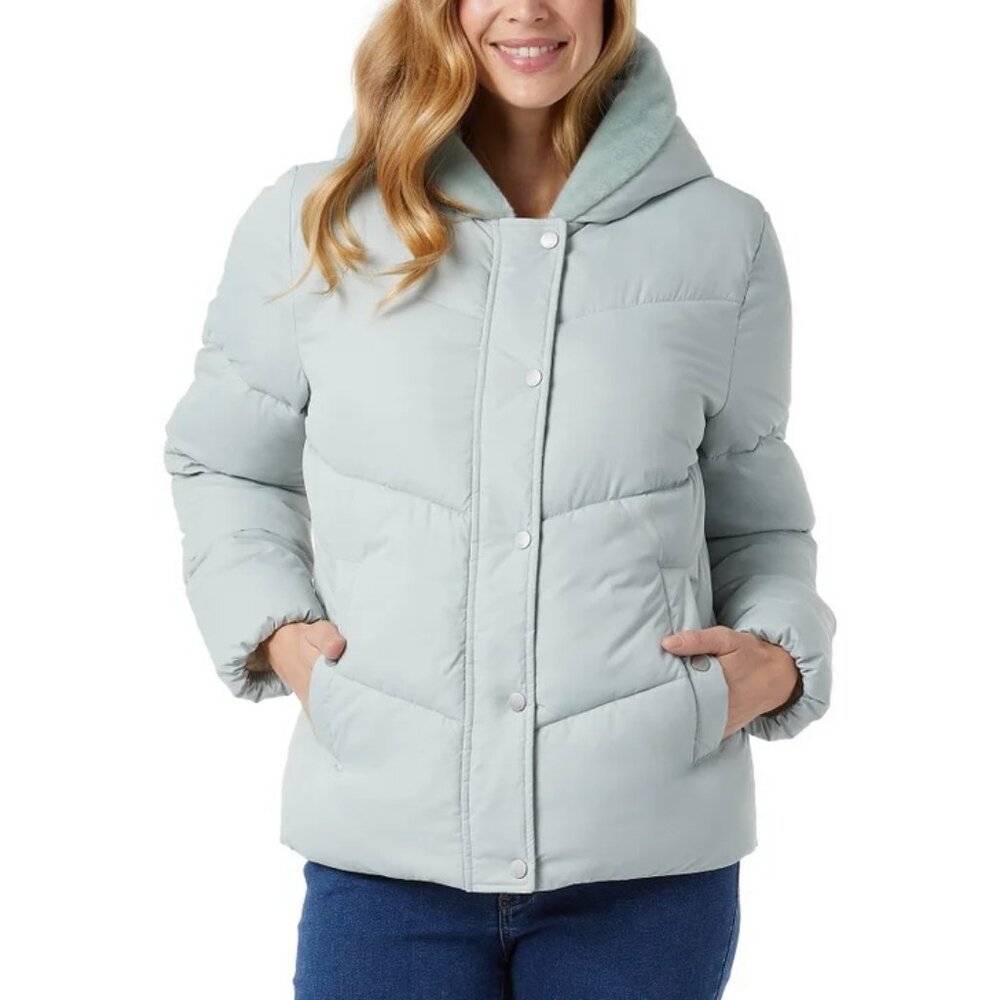 32 Degrees Women’s Quilted Jacket with Plush Lined Hood Full Zip With Button‎